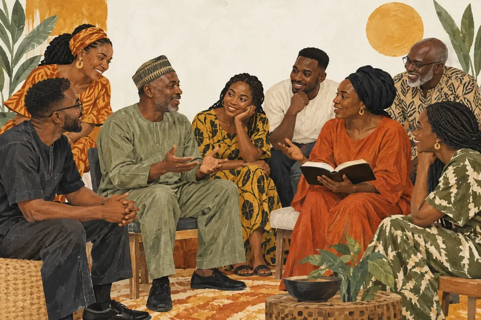 Illustration of a Nigerian fellowship group sharing conversation and listening to one another.